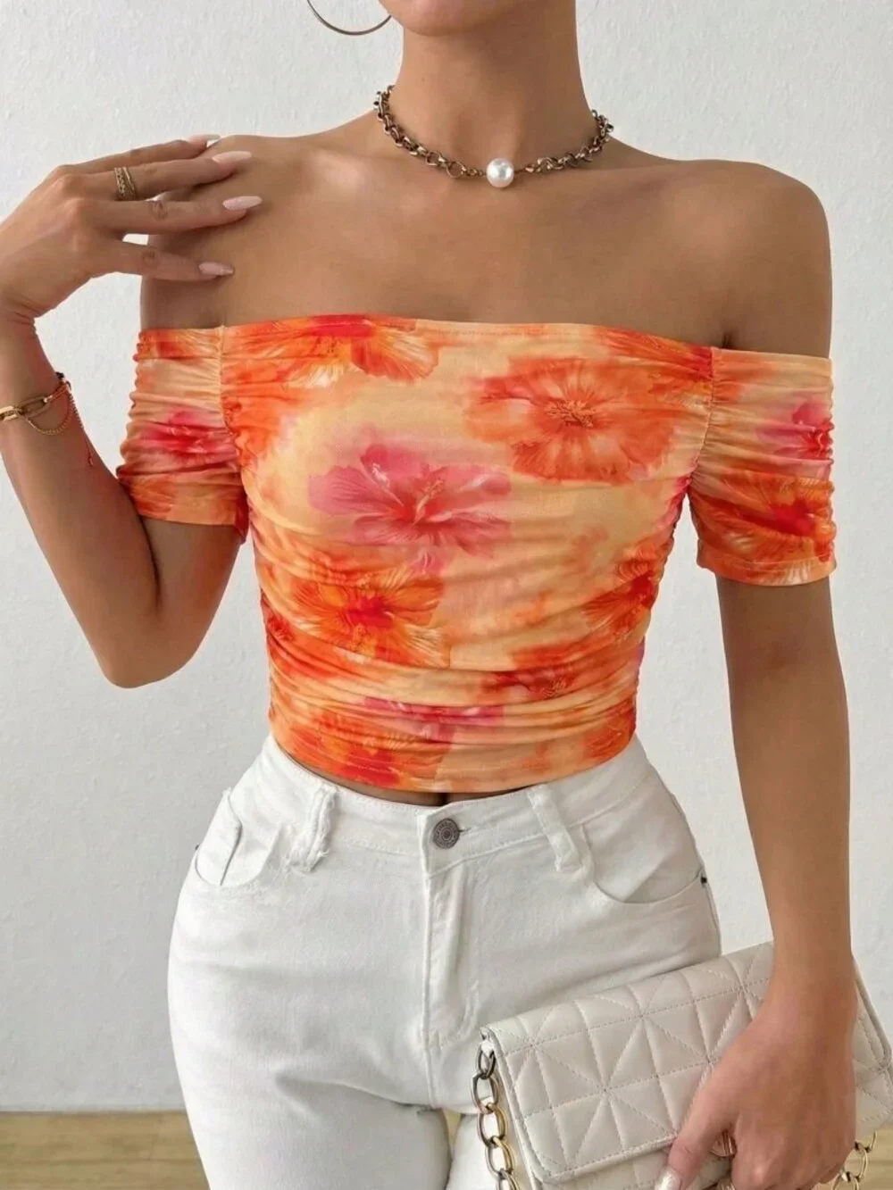 Orange Casual Women's Off-Shoulder Ruched Floral Print Beach T-Shirt